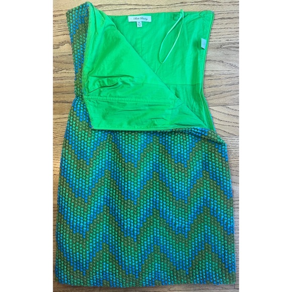Beth Bowley Strapless Dress Blue Green Geometric Size 6 Retro 60s Style Chic - Picture 4 of 11